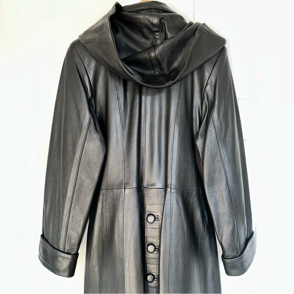 Besikler European Belted Full Length Leather Trench Coat Black size S - Picture 3 of 12